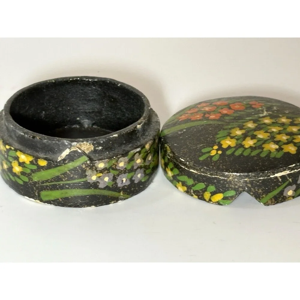 Vintage Hand-painted Lacquered Paper Mache Trinket Box Floral Round India